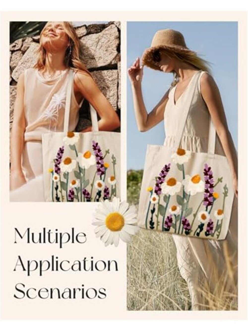 Miss Adola Embroidered Daisy Canvas Tote Bag Reusable Floral Shoulder Bag - Picture 6 of 6
